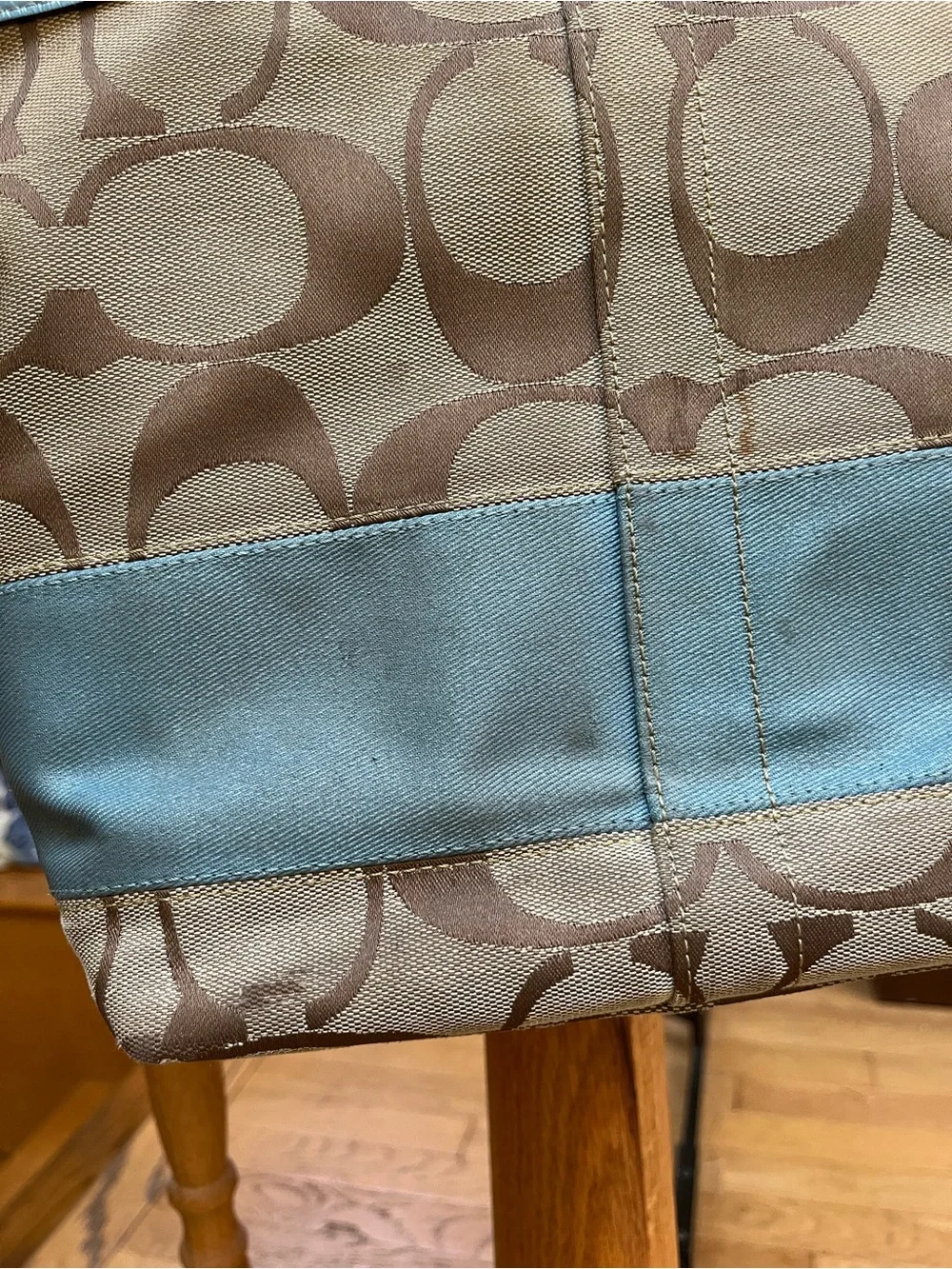 Coach Brown Signature Canvas Tote with Light Blue Trim